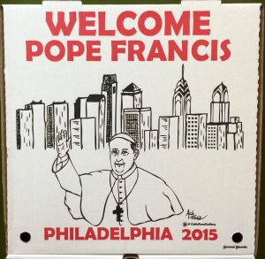 Pope Pizza Box - Created this pizza box with an original drawing for Savona Stavola Food Service (Distributor) for the Pope visit in Philly Sept 2015. About 1 million were printed and used in restaurants all over PA, NJ, DE, and MD. 