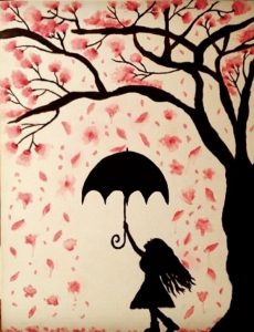 Cherry Blossom Rain, watercolor on canvas board